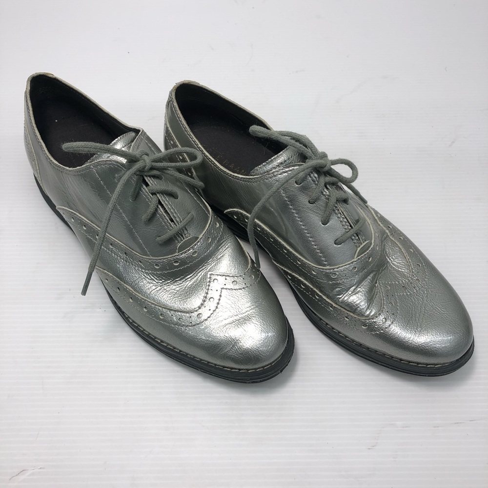Cole Haan Original Silver Metallic Leather Waterproof Lace Up Wingtip Oxfords